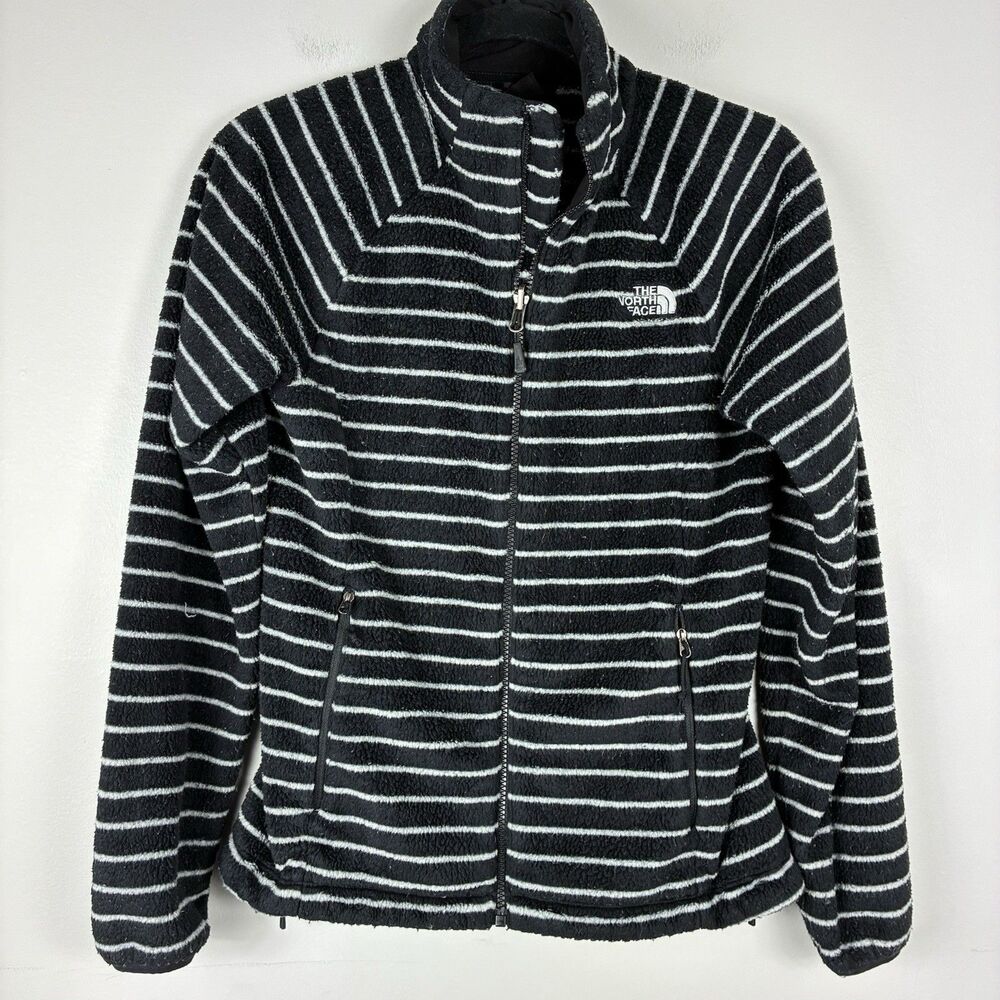 The North Face Womens Striped Fuzzy Fleece Black Full-Zip Jacket Sz S * PILLING